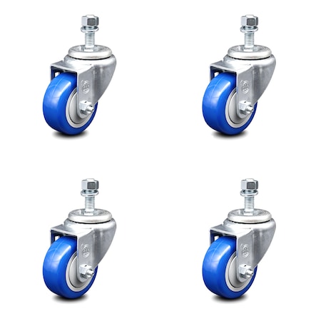 Service Caster 3.5 Inch Blue Polyurethane Wheel Swivel 12mm Threaded Stem Caster Set SCC SCC-TS20S3514-PPUB-BLUE-M1215-4
